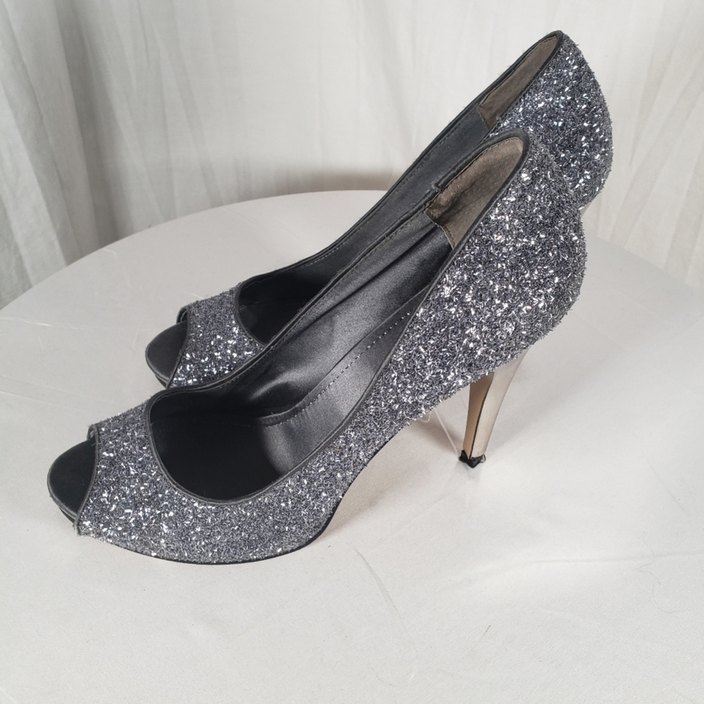Nine West Silver Glitter 4' Stiletto Heels Sz 9.5